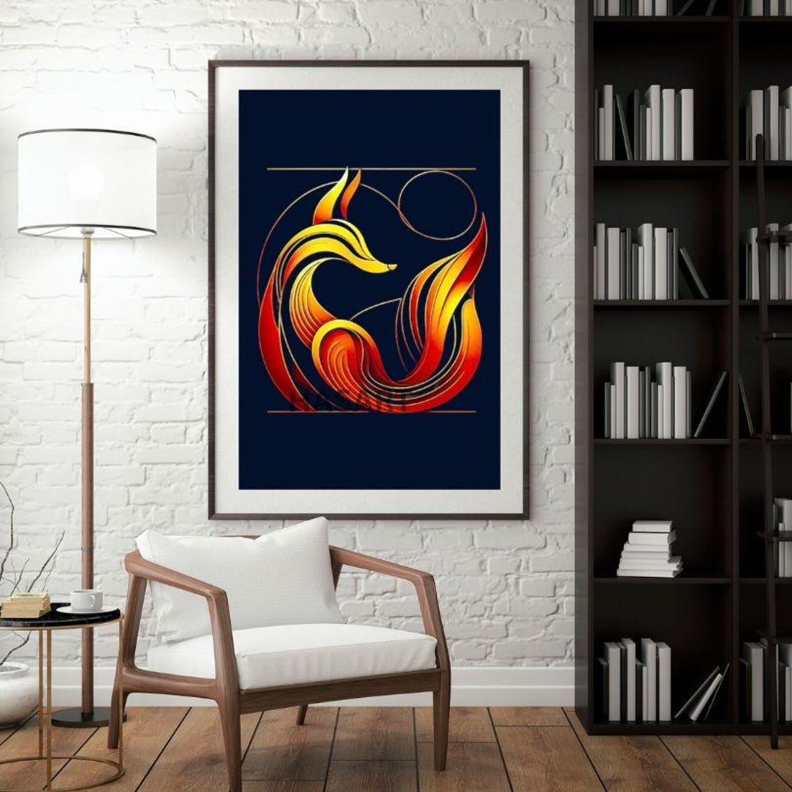 Fiery Orange Line Art Fox On Deep Navy Minimalist Art Poster - Image 3