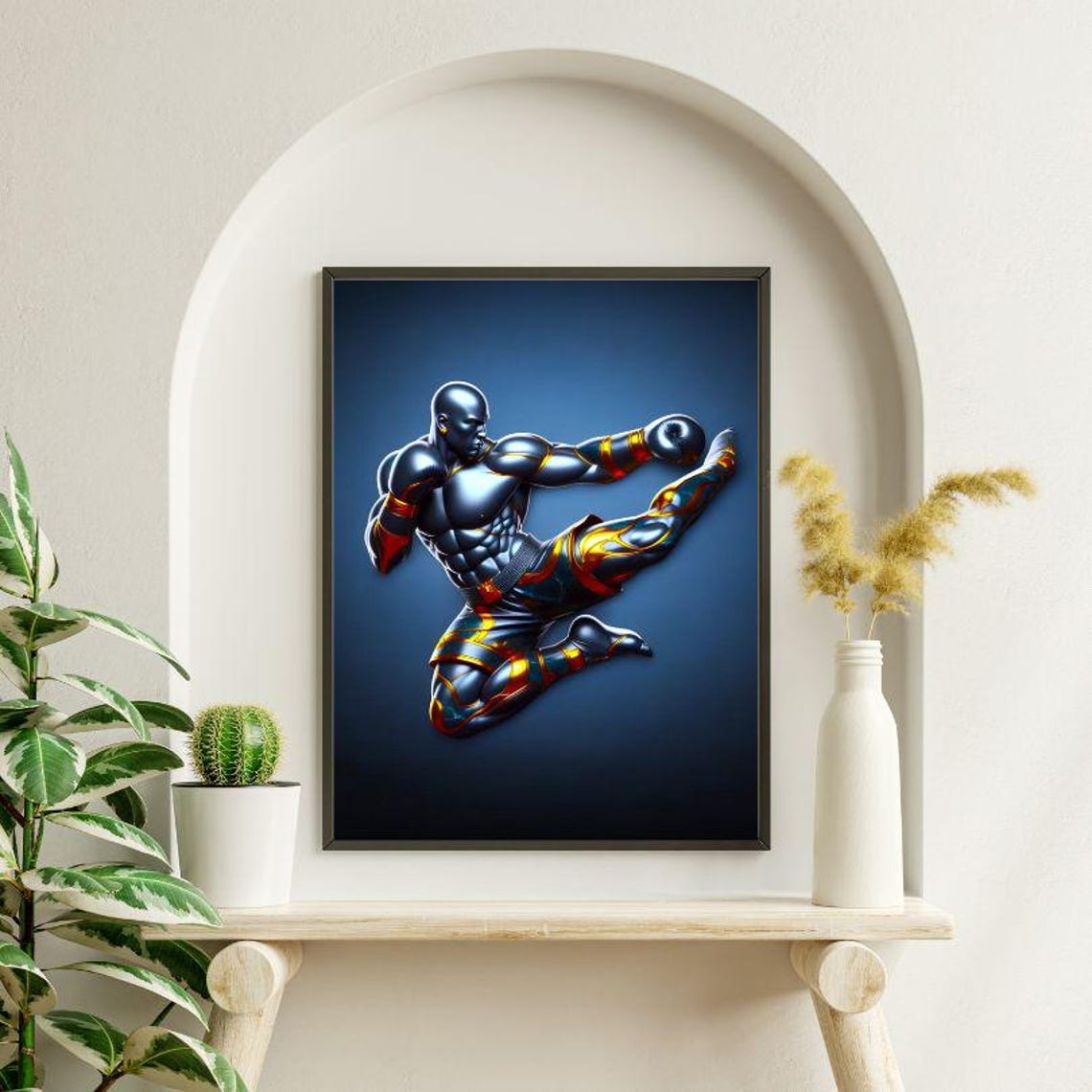 Muay Thai Fighter Landing a High Kick in Metallic Action Poster - Image 2