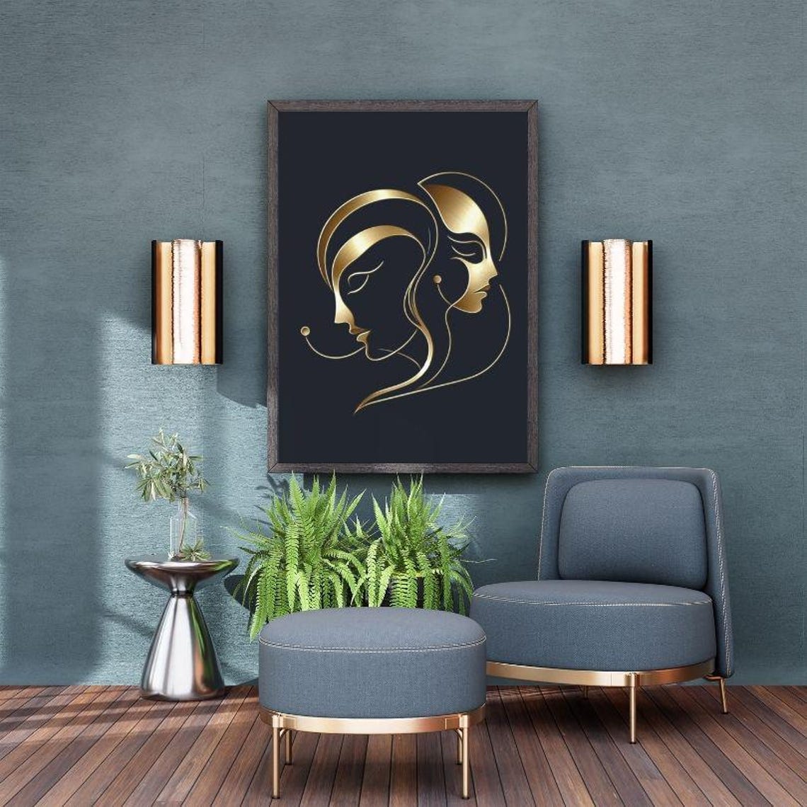 Twin Golden Woman Profiles Intertwined Minimalist Line Poster - Image 2