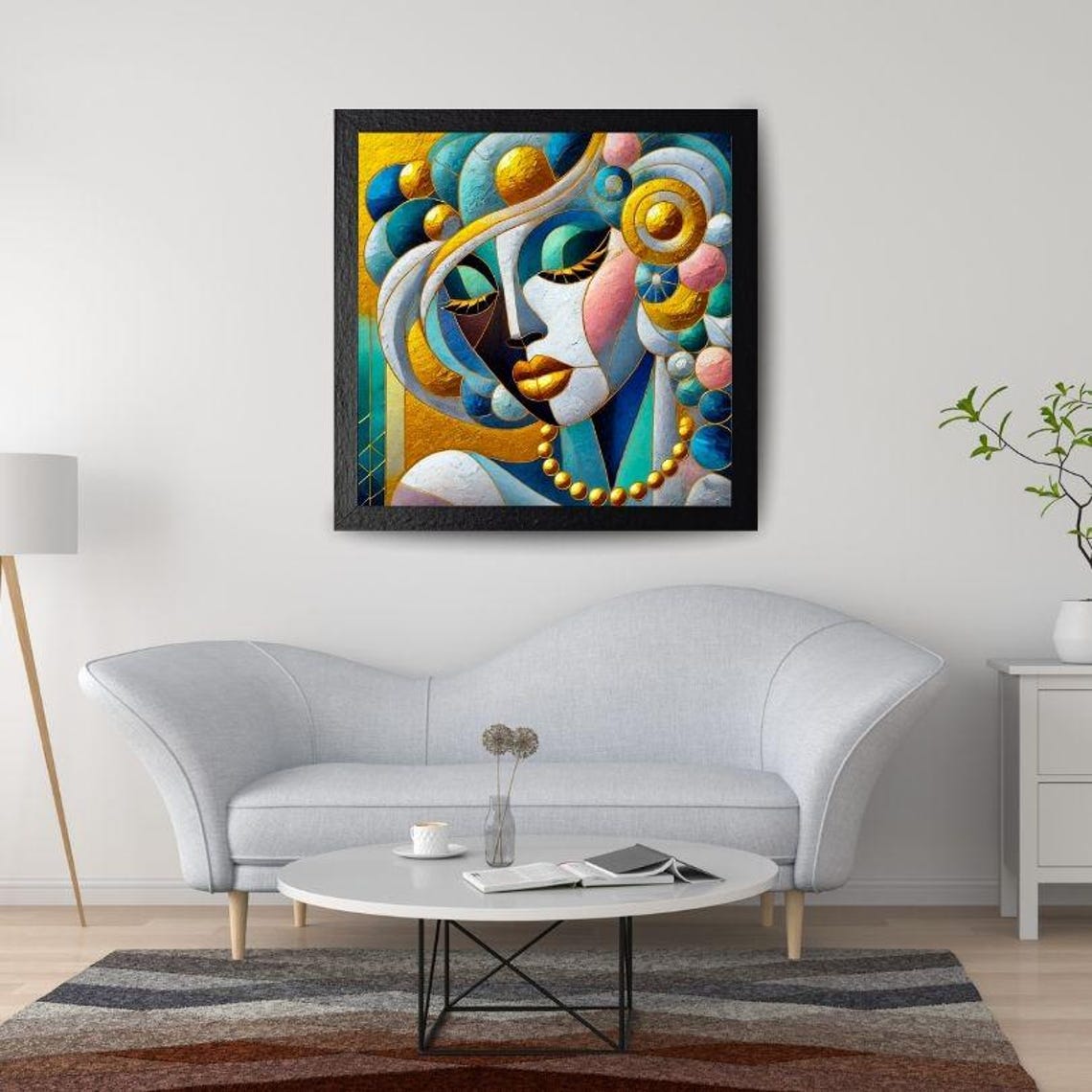 Art Deco Mosaic Woman Face in Blue Gold and Teal Geometric Poster - Image 2