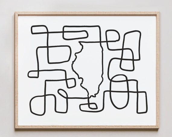 Illinois Line Art Print One Drawing Abstract Minimalist Map Of