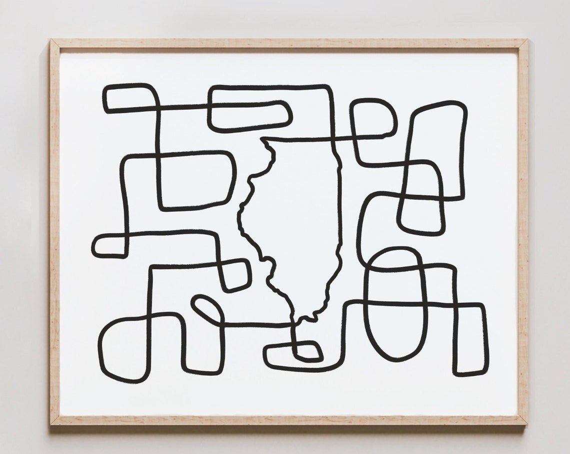 Illinois Line Art Print One Drawing Abstract Minimalist Map Of