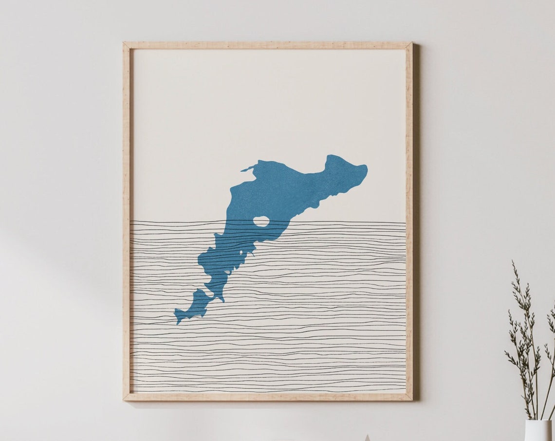 Abstract Boho Blue Lake Silhouette Map Fine Line Art Minimalist Print