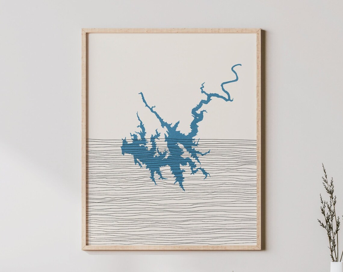 Boho Tall Branching Blue Lake Outline Minimalist Silhouette Poster