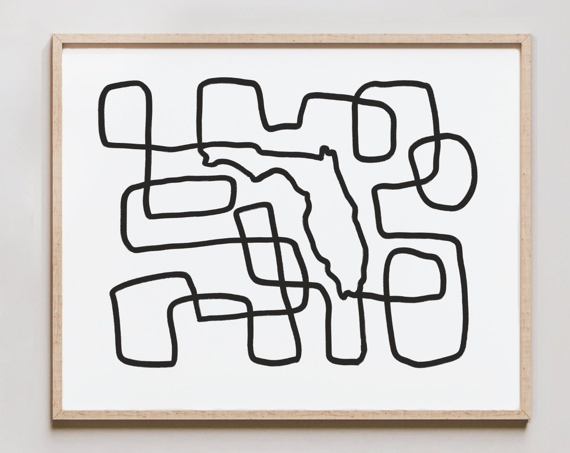 Florida Line Art Print One Drawing Abstract Minimalist Map Of