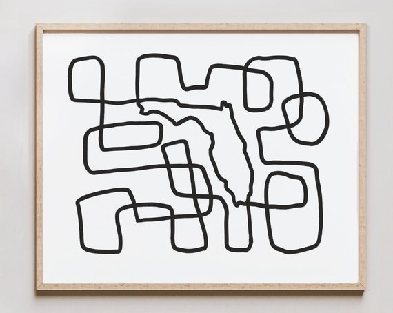 Florida Line Art Print One Drawing Abstract Minimalist Map Of
