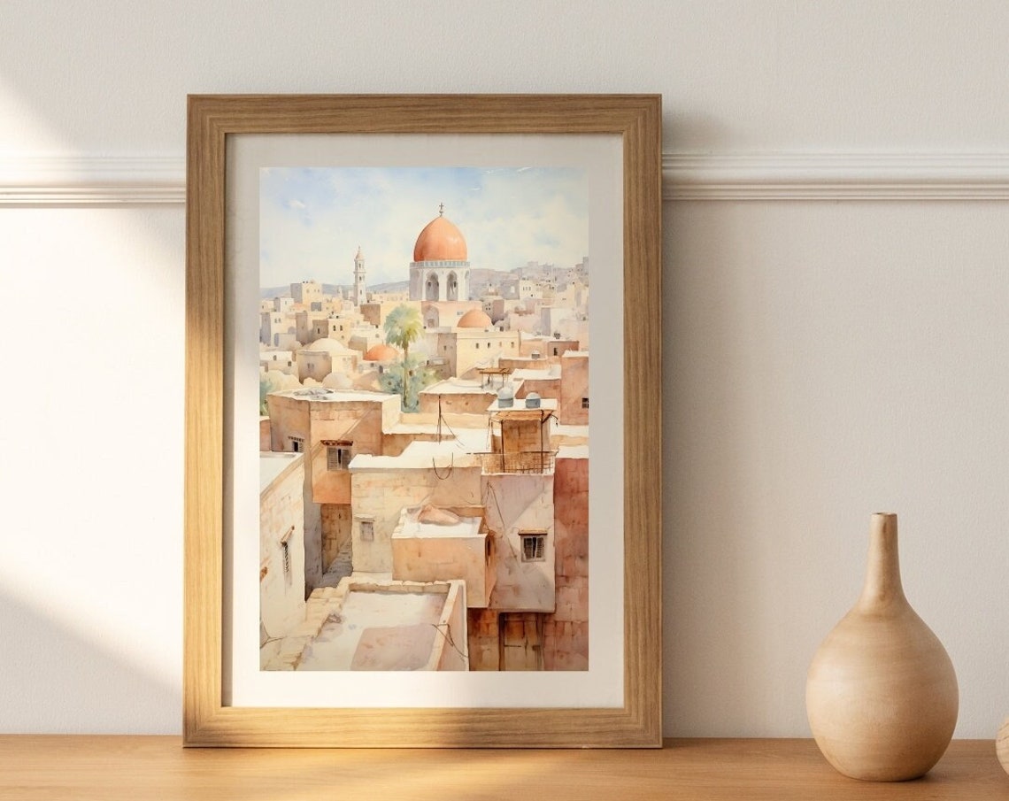Old Middle Eastern City Domes Watercolor Historic Skyline Art Poster