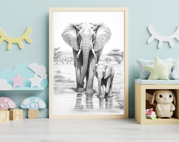 African Elephant Mother and Calf Black White Safari Wildlife Poster
