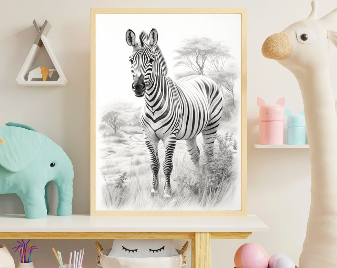 Zebra Monochrome Pencil Sketch Safari Savanna Nursery Art Poster
