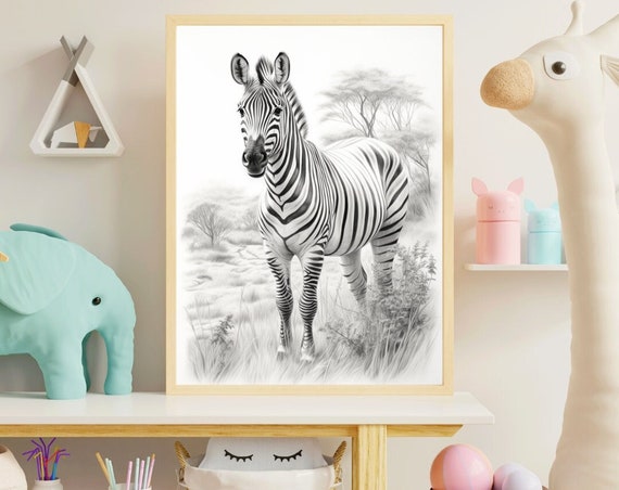 Childrens Art Zebra Nursery Wall Pencil Drawing Instant Safari Poster Home Decor Gift For Mom