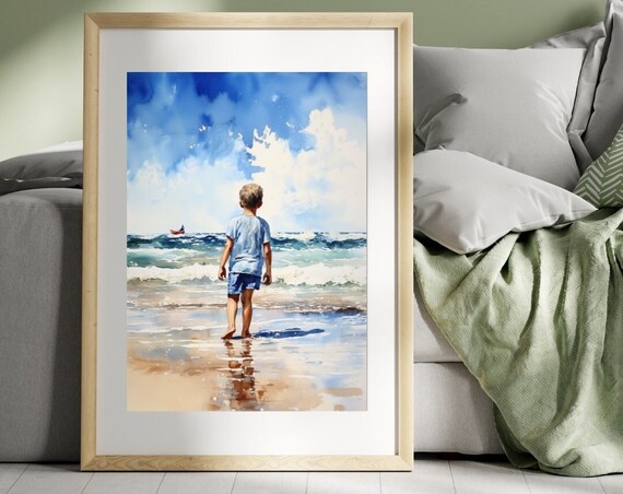 Little Boy at the Beach Facing Ocean Waves Watercolor Art Poster