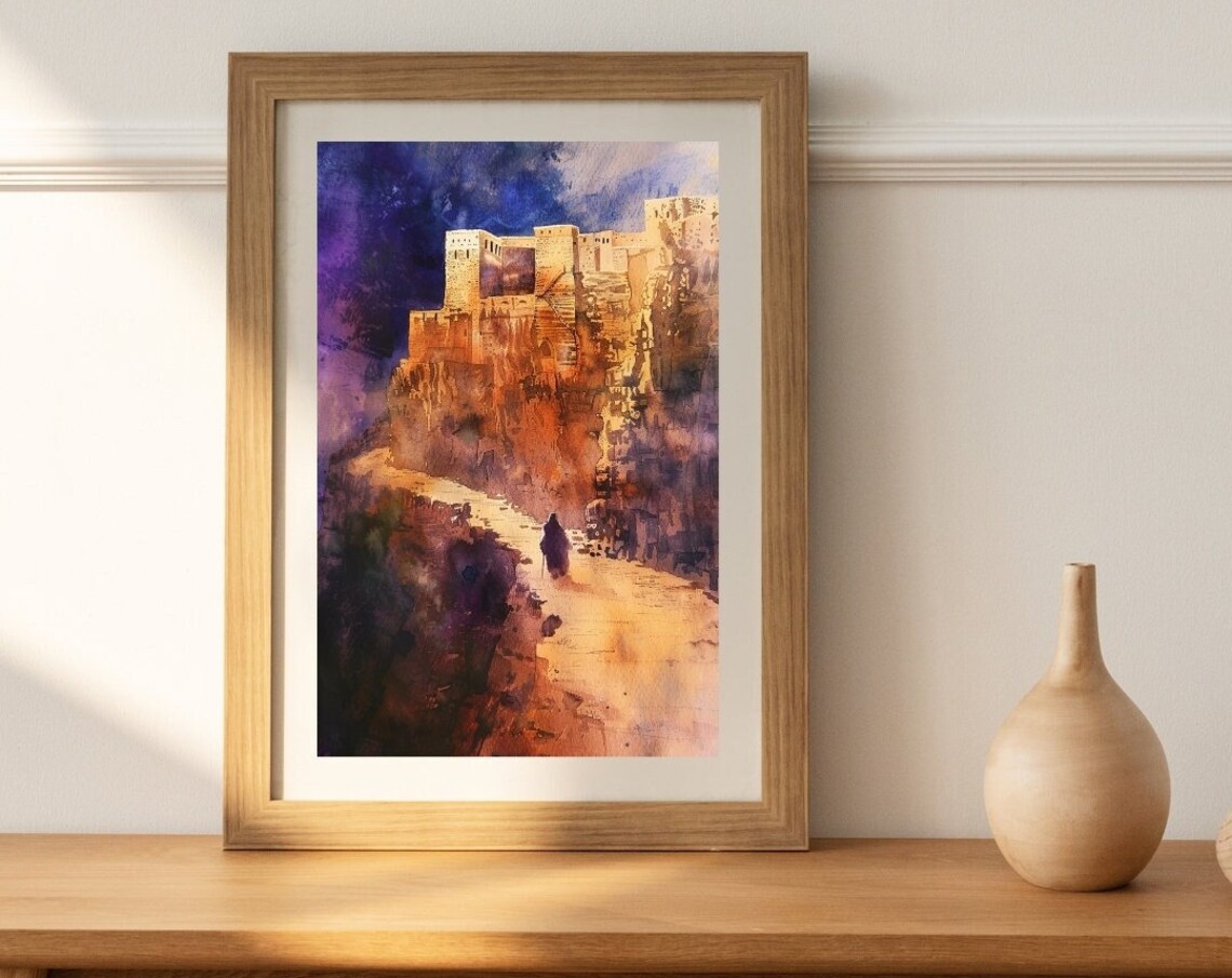 Masada Israel Ancient Fortress Watercolor Desert Landscape Art Poster