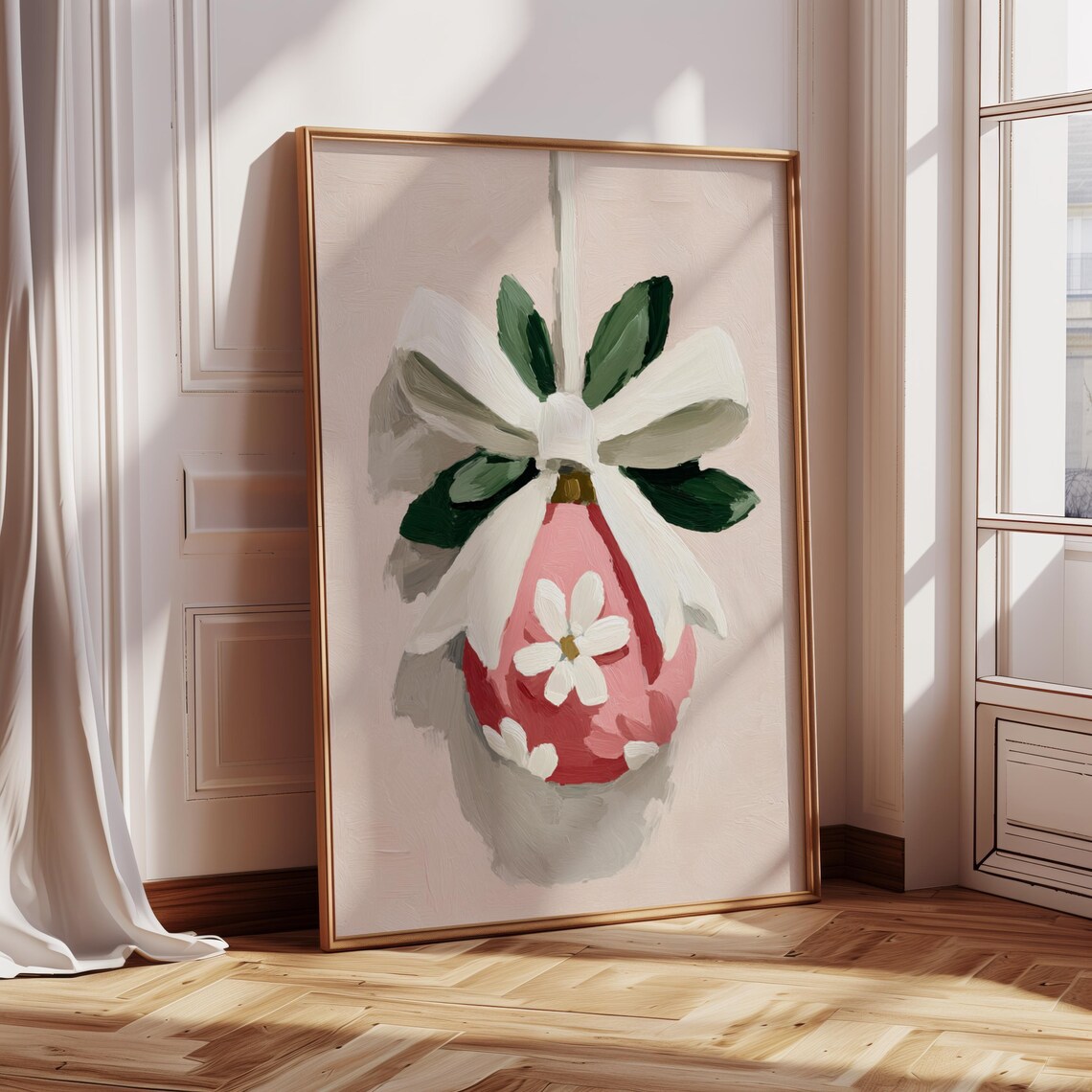 Pink Christmas Bauble With White Bow And Floral Details Holiday Print