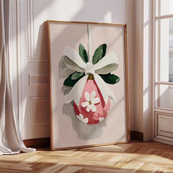 Pink Christmas Bauble With White Bow And Floral Details Holiday Print