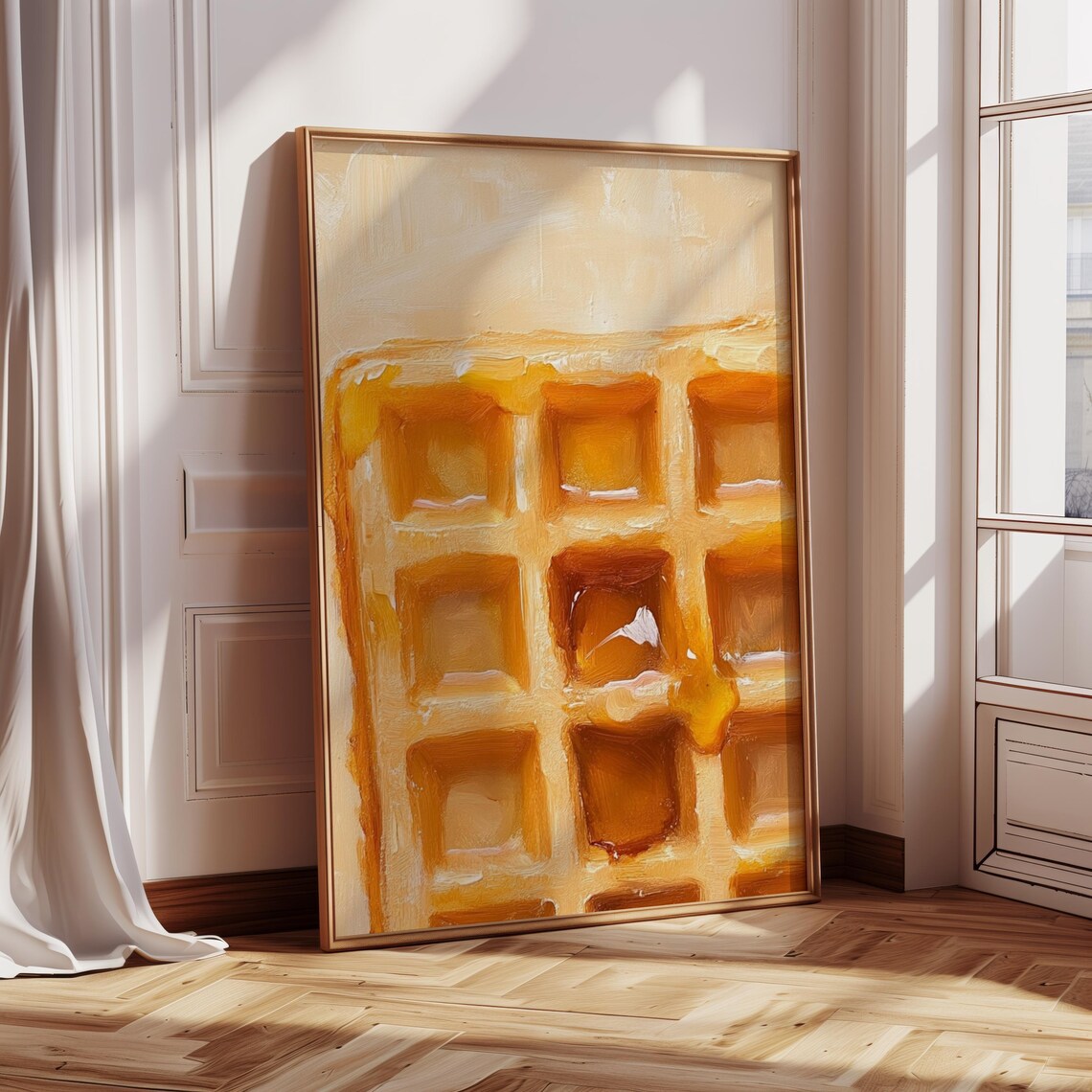 Golden Waffle Syrup Oil Painting Warm Kitchen Food Art Print