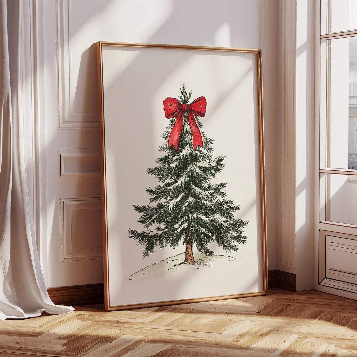 Vintage Christmas Tree With Red Bow Poster