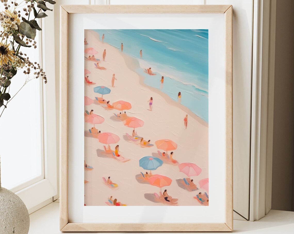 Aerial Beach Umbrella Scene Turquoise Waves Summer Vacation Art Poster - Image 3