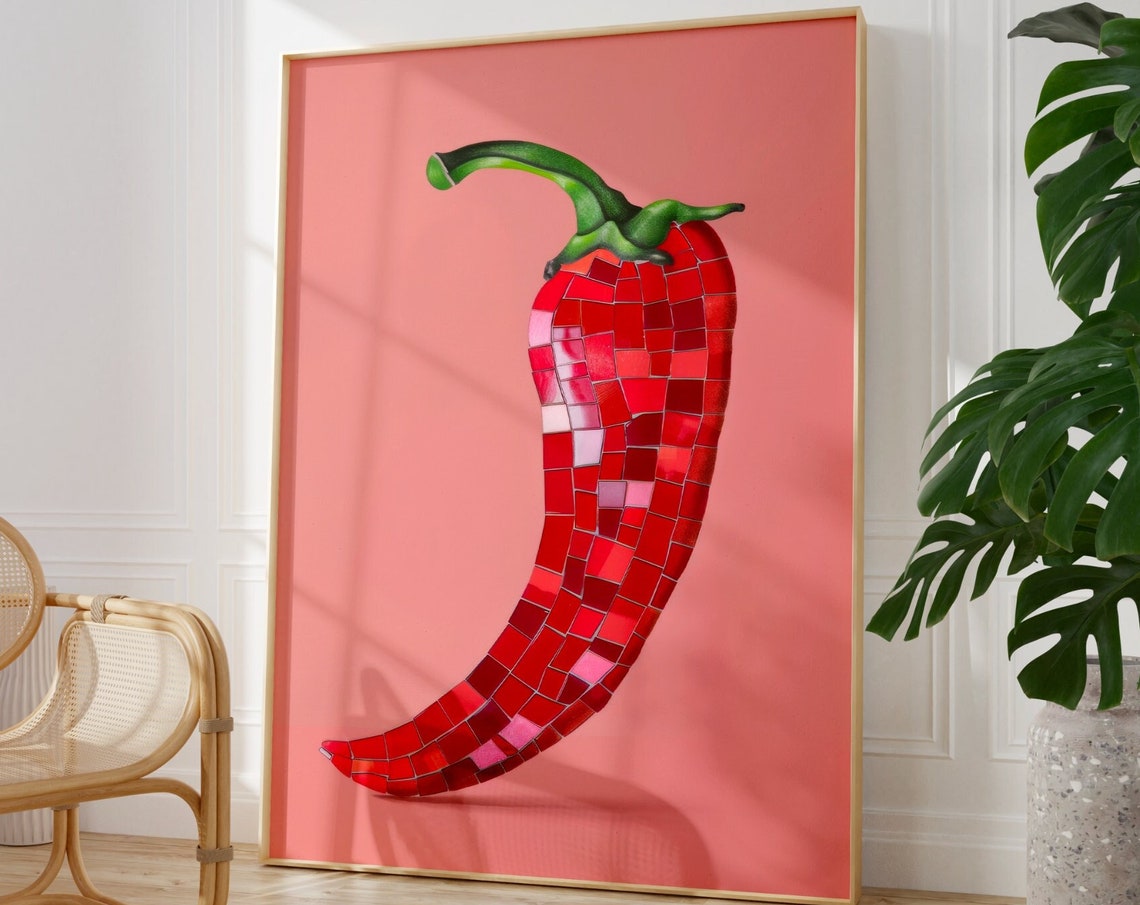 Red Chili Pepper Mosaic Tile Art Kitchen Decor Coral Pink Poster