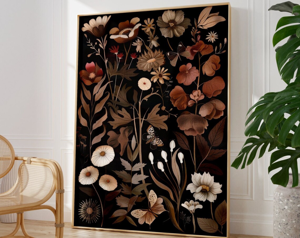 Moody Botanical Wildflowers Butterflies Dark Black Floral Poster - Image 2