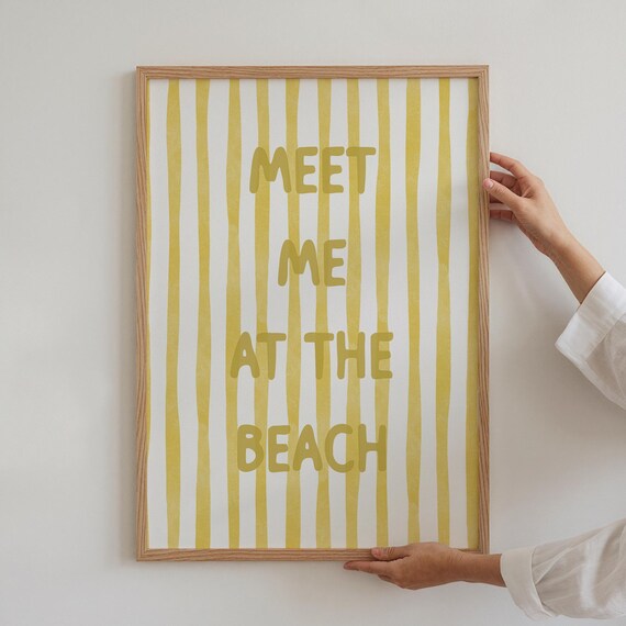 Meet Me at the Beach Yellow Quote Coastal Watercolor Striped Wall Poster