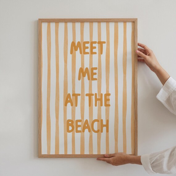 Meet Me at the Beach Orange Quote Coastal Watercolor Striped Wall Poster