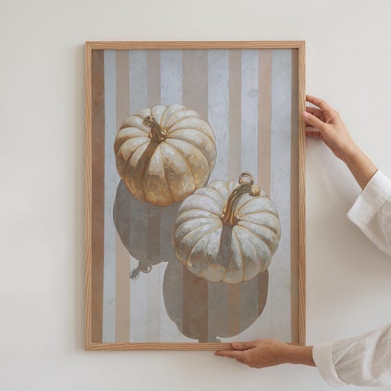 Striped Pumpkin Wall Art Print Beige Cozy Fall Decorations Minimalist Autumn Poster Rustic Farmhouse Decor