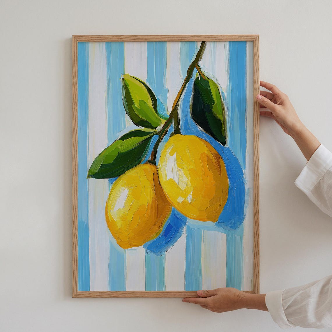 Lemon Branch Oil Painting Style Blue Stripes Citrus Kitchen Wall Art