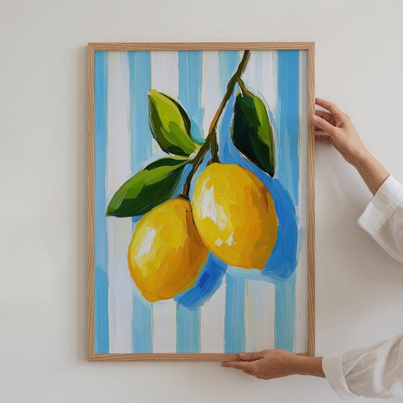 Lemon Striped Painting Summer Art Print Kitchen Poster Fruit Artwork Decor Botanical Citrus Modern Wall Framed Physical