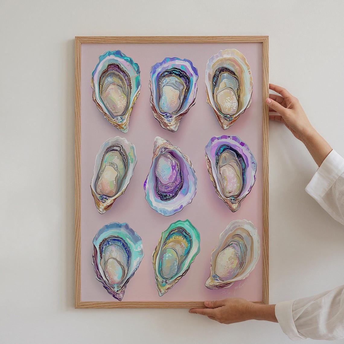Nine Colorful Oyster Shells Pink Watercolor Coastal Art Print