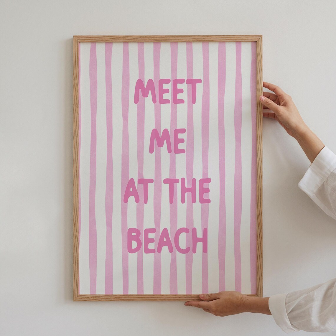 Meet Me at the Beach Pink Quote Coastal Watercolor Striped Wall Poster - Image 2