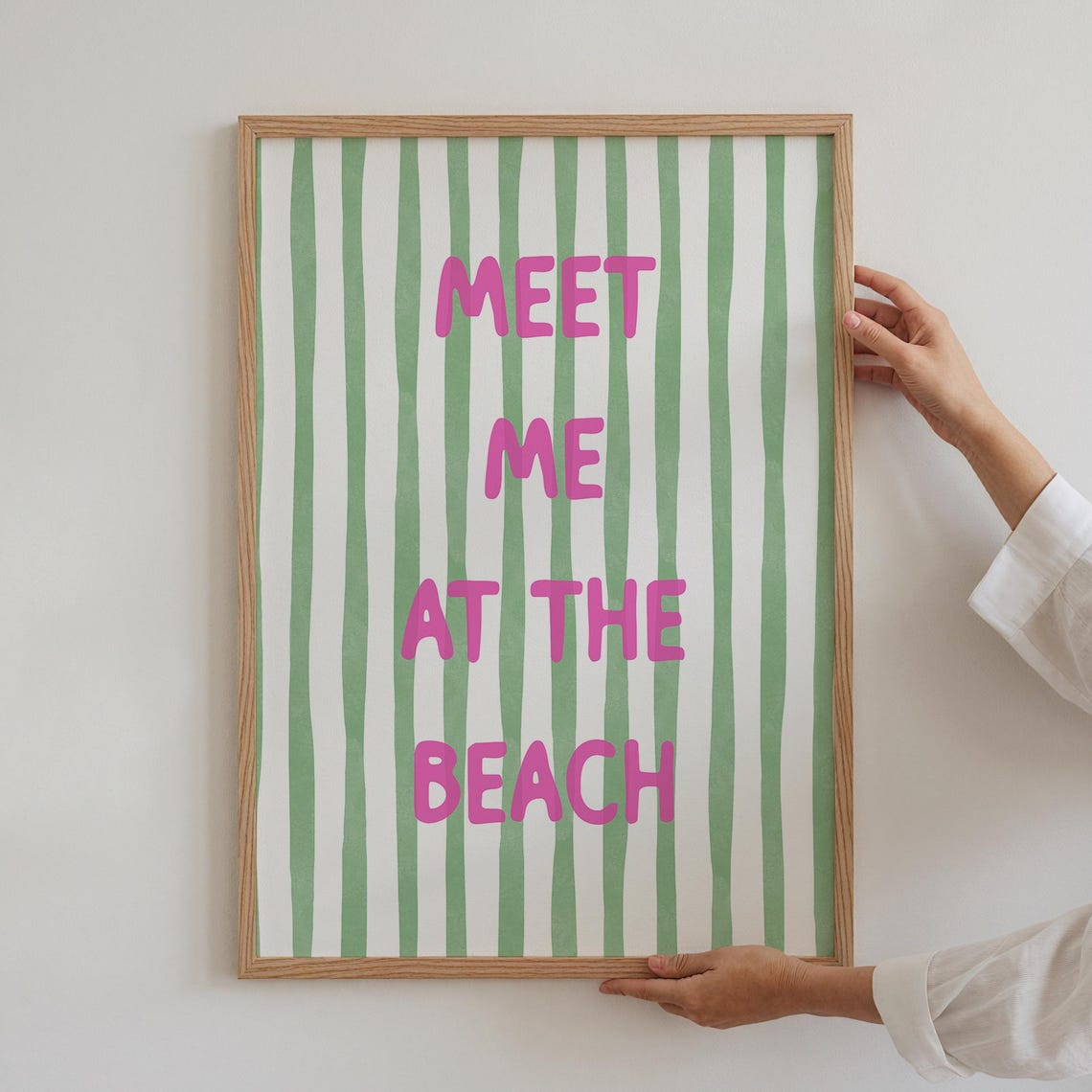 Meet Me at the Beach Hot Pink Green Stripe Coastal Quote Wall Poster