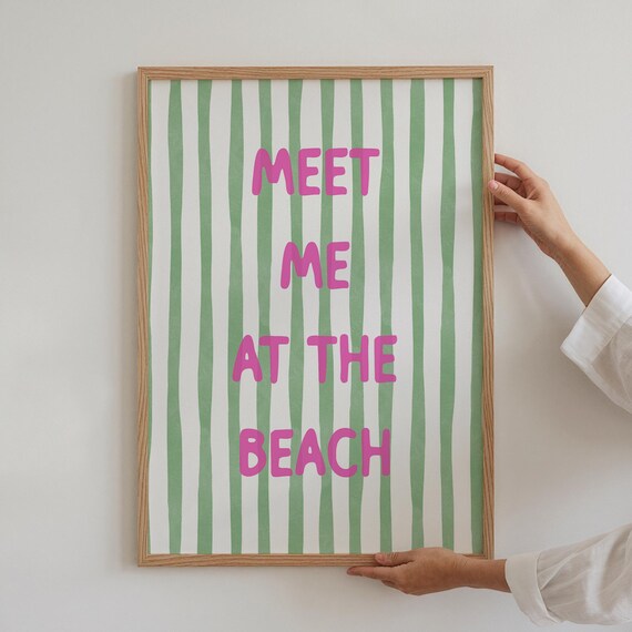 Meet Me at the Beach Hot Pink Green Stripe Coastal Quote Wall Poster