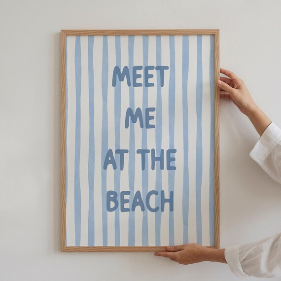Meet Me at the Beach Blue Quote Coastal Watercolor Striped Wall Poster