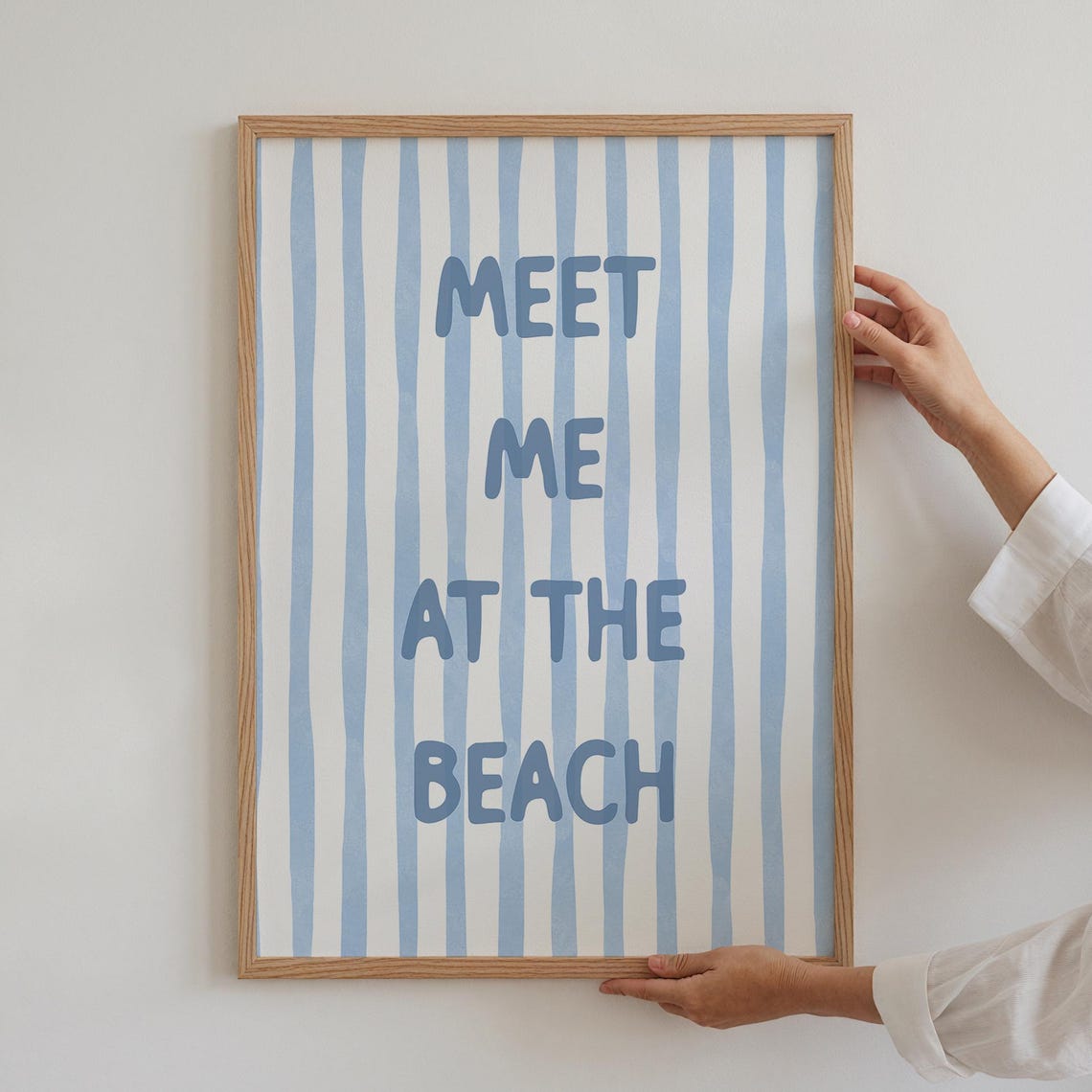Meet Me at the Beach Blue Quote Coastal Watercolor Striped Wall Poster