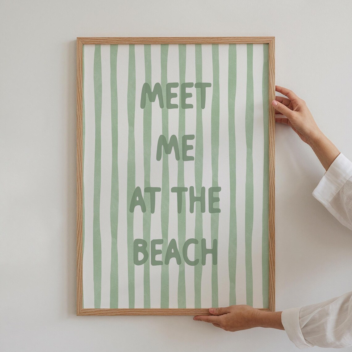 Meet Me at the Beach Sage Green Quote Coastal Watercolor Stripe Poster