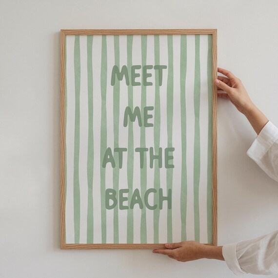 Meet Me at the Beach Sage Green Quote Coastal Watercolor Stripe Poster