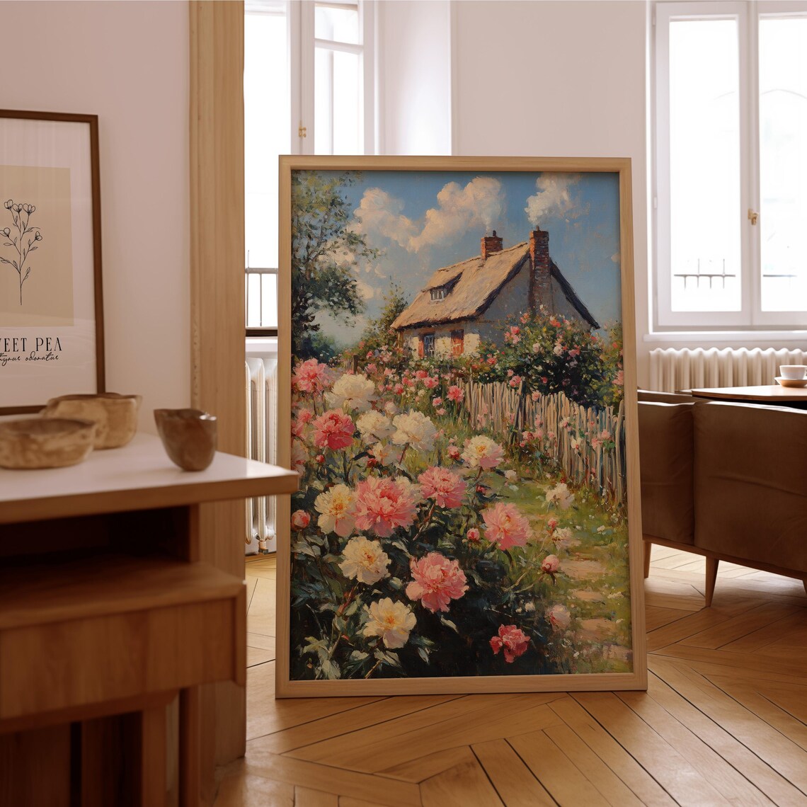 Thatched Cottage Pink Flower Garden English Country Art Poster