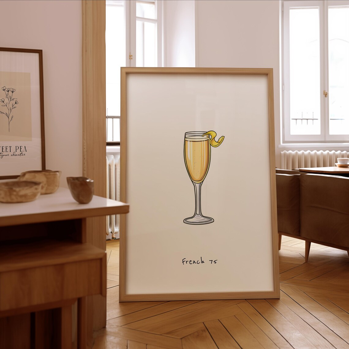 French 75 Cocktail Illustration Poster, Bar Wall Art