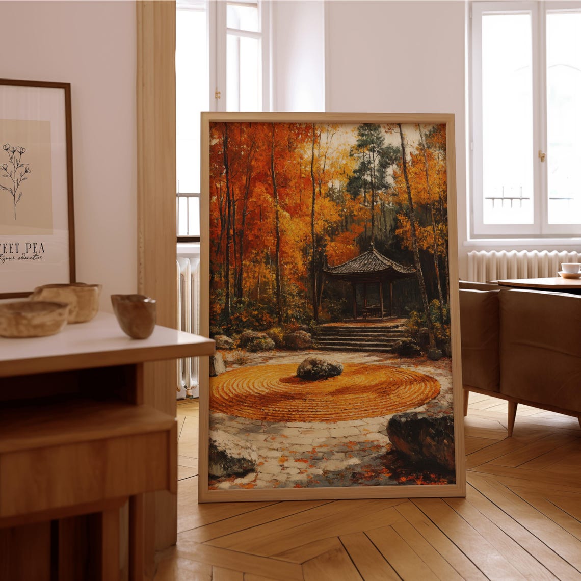 Autumn Zen Garden Raked Gravel Pavilion Fall Trees Painting Poster