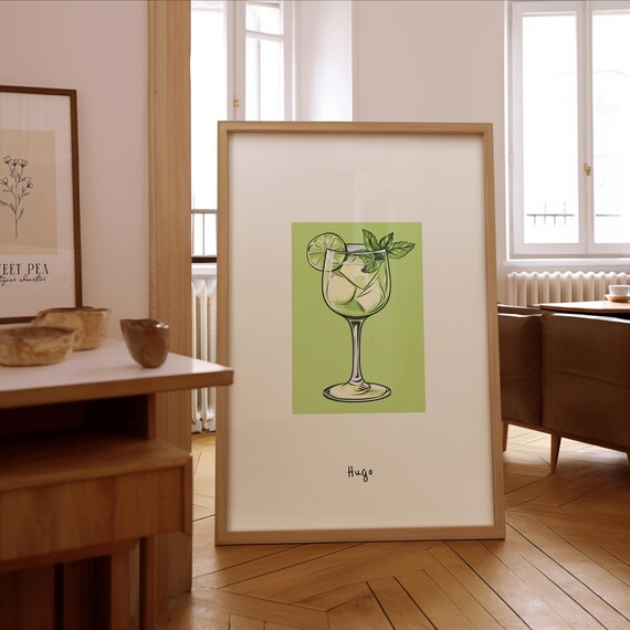 Hugo Cocktail Illustration Mint Lime Green Bar Cart Drink Poster