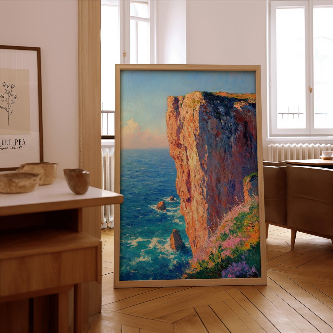 Ocean Cliffs Red Rock Coastal Bluffs Impressionist Oil Painting Print