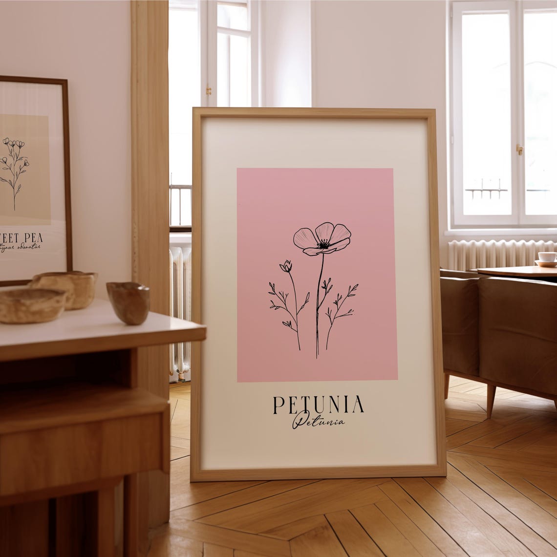 Petunia Botanical Line Art Soft Pink Minimalist Floral Poster