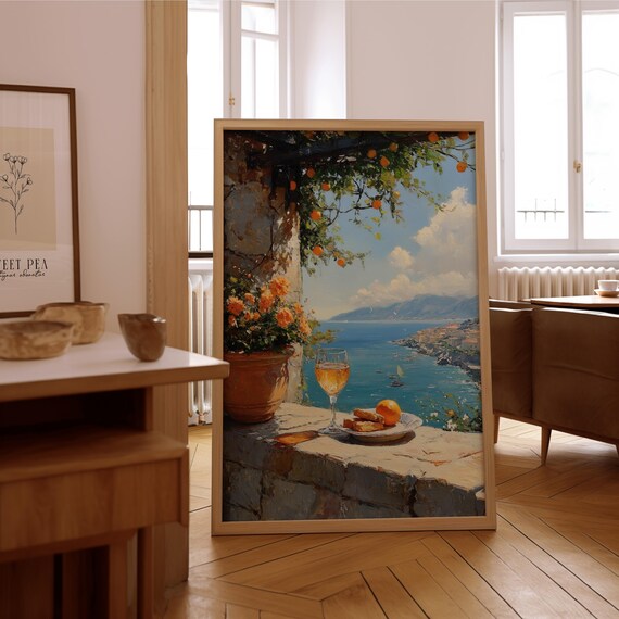 Coastal Terrace Wine Glass Orange Trees Sea View Painting Poster