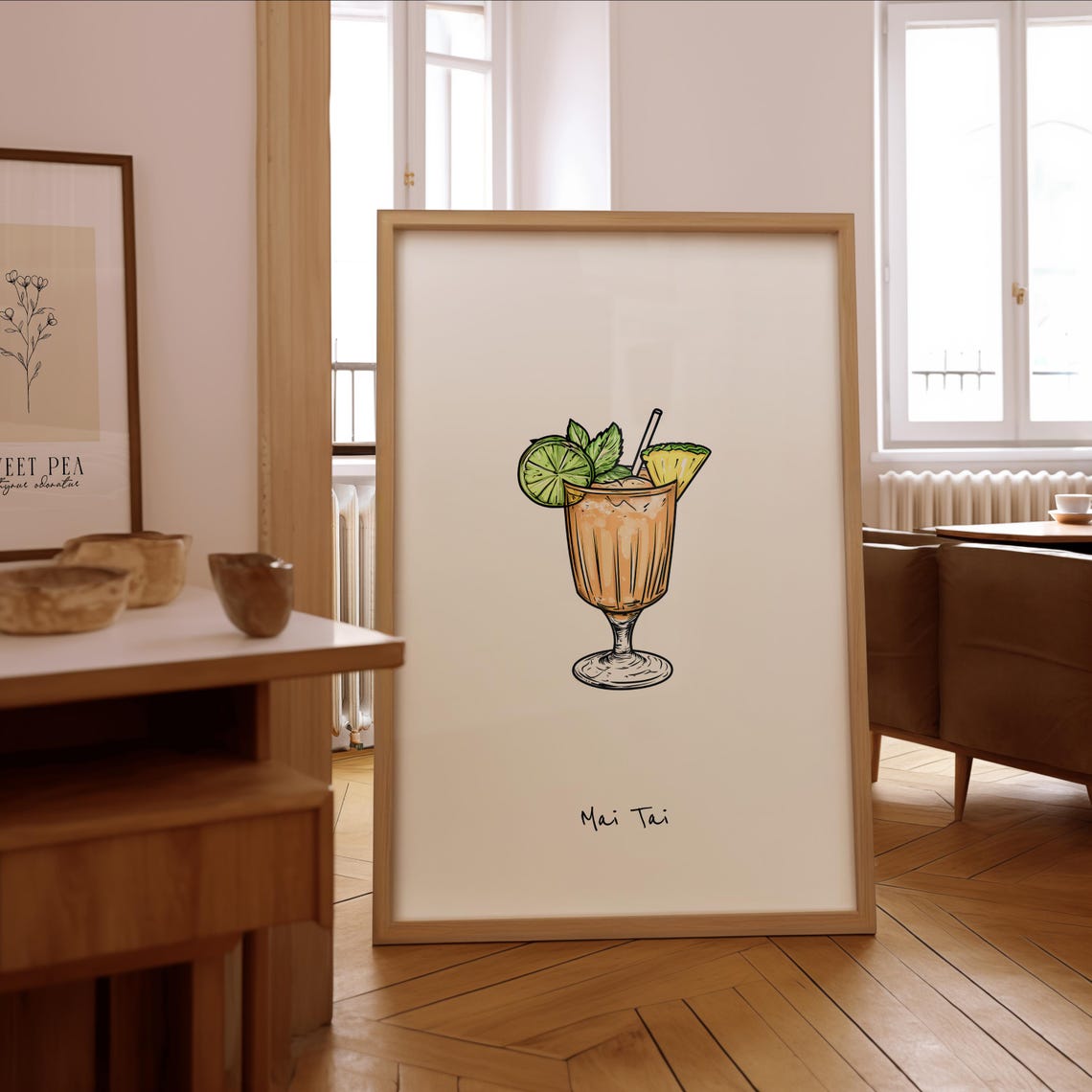 Mai Tai Cocktail Hand Drawn Bar Illustration Tropical Drink Poster