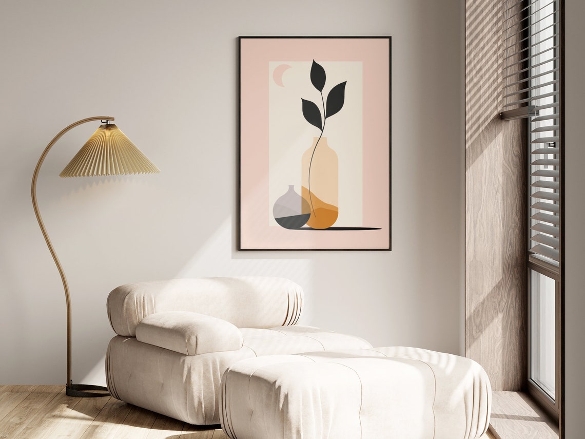 Blush Pink Botanical Vase Abstract Mid Century Modern Style Poster