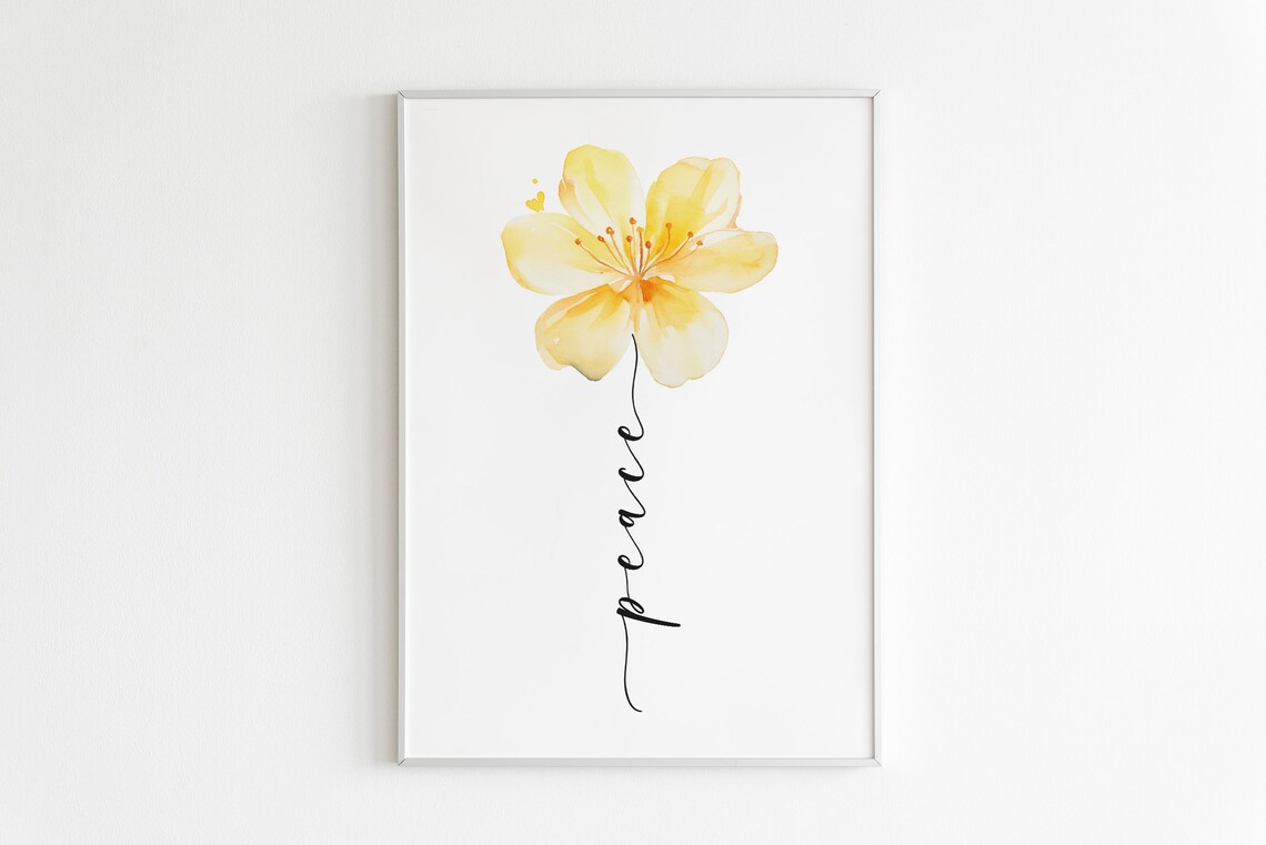 Peace Word Yellow Watercolor Flower Minimalist Botanical Poster