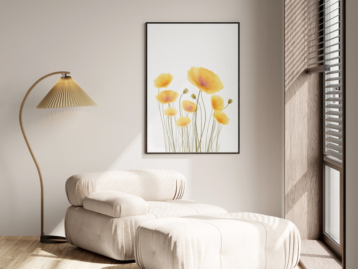 Yellow Poppy Watercolor Wildflowers Thin Stems Floral Poster