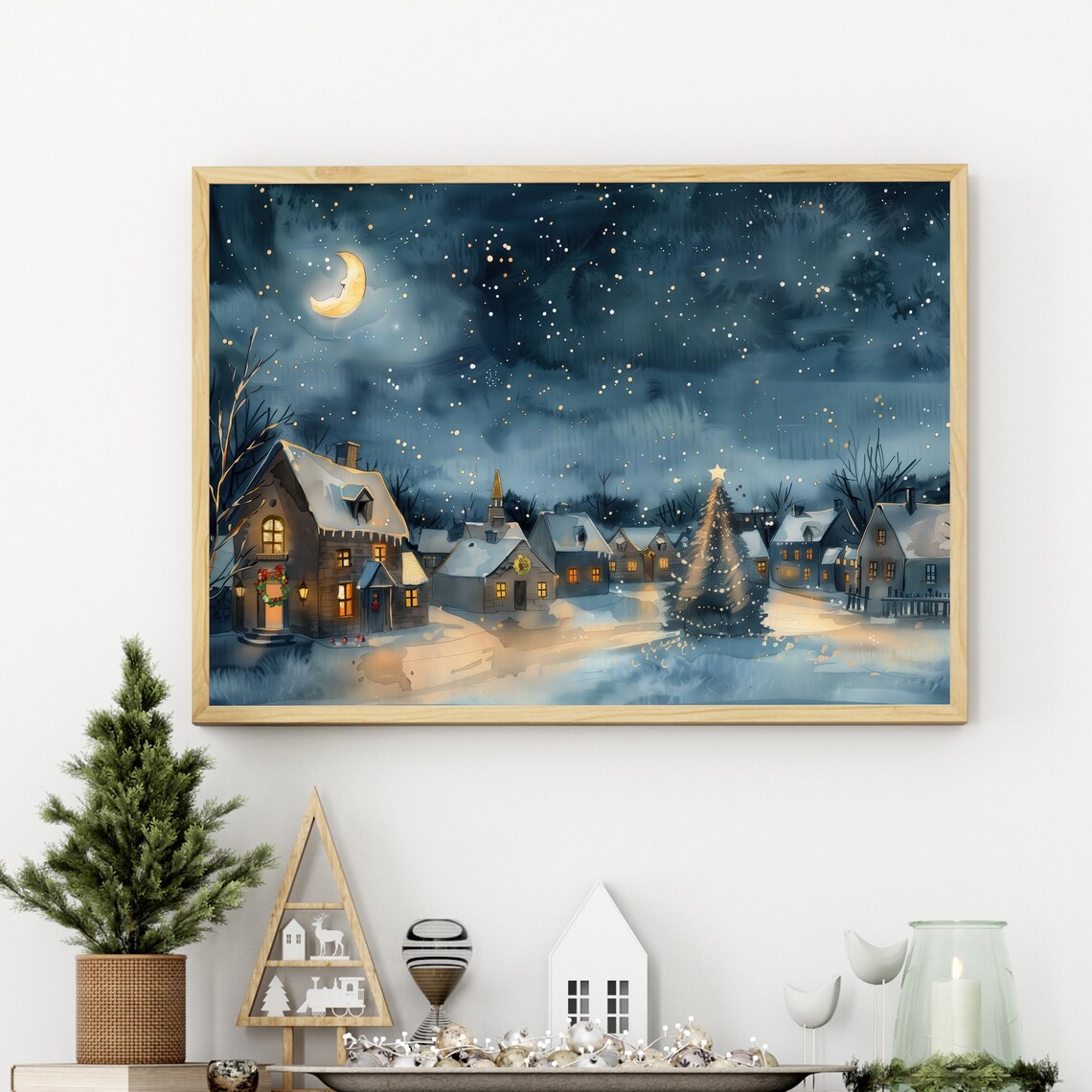 Moonlit Christmas Village, Festive Winter Scene Art Print