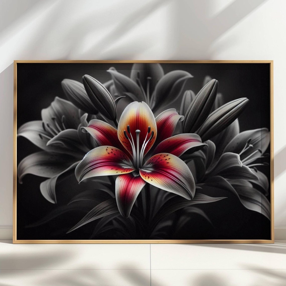 Color Pop Red Lily Flower Blooming On Black And White Photo Poster - Image 4