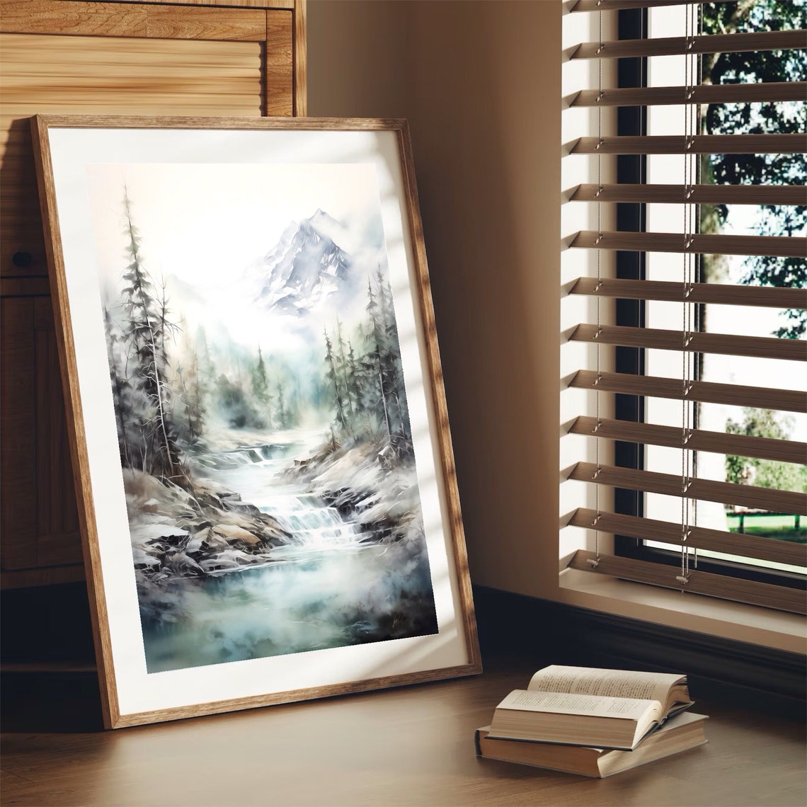 Misty Cascading River Watercolor with Pines Rocks and Peak Poster - Image 3